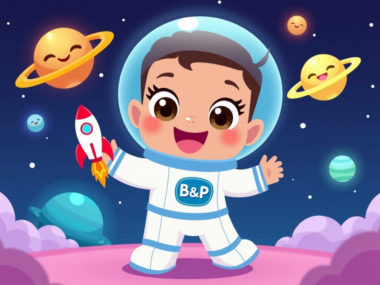 This image features a cute cartoon character dressed as an astronaut. The character has big, expressive eyes and is smiling widely. They are wearing a white and blue space suit with the letters 'B&P' prominently displayed. Surrounding the character are colorful, happy planets and stars twinkling in the background. A small rocket ship is held in one of the character's hands, adding to the playful space theme. The overall atmosphere is cheerful and vibrant, perfect for a children's cartoon.