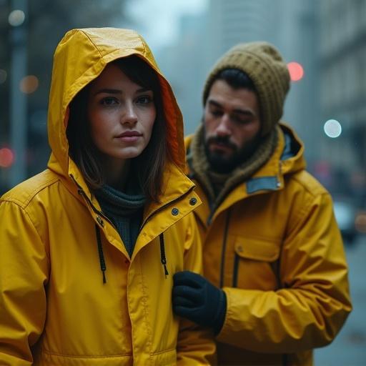 A young woman wearing a yellow raincoat in an urban setting. A man is standing close to her, appearing concerned or aggressive. The background features cityscape with soft lighting. The atmosphere is tense and moody.