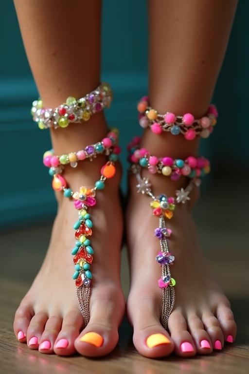 Feet adorned with neon toenails. Decorative foot accessories are displayed. Bright colors stand out against the surface.