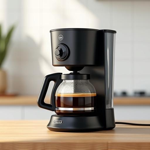 A modern coffee machine with a clear glass coffee pot. Placed on a wooden table. Scene is brightly lit with natural or studio lighting. Highlights sleek design of machine and pot filled with coffee. Background is minimalistic and blurred. Image is sharp and clean, showcasing details like buttons and rich color of coffee.