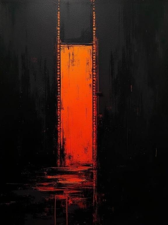 Digital oil painting featuring a predominantly black background with a striking orange vertical strip. Harsh strokes create a dynamic feel. Includes elements of cubism with unfinished aesthetics. Design emphasizes flat colors and minimalist styling while showcasing voids within shadows. Film strip shapes are evident, enhancing the overall theme.