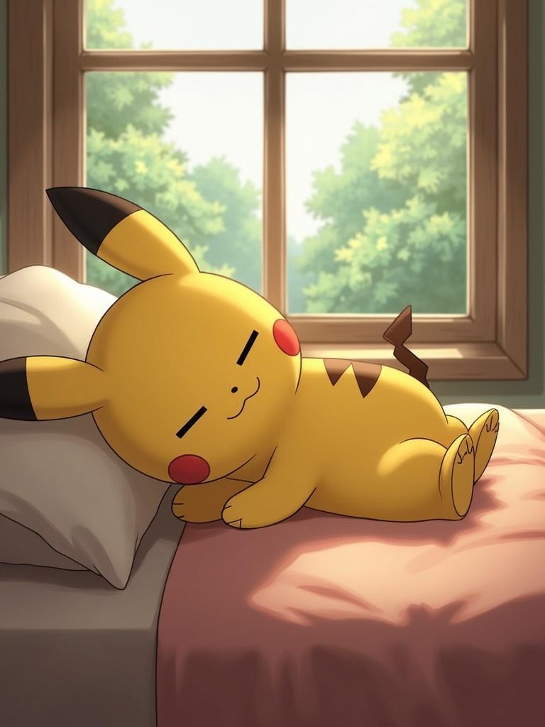 A yellow Pokémon plush toy lies on a blanket. The plush has closed eyes and a small smile. A window shows trees outside. The room feels cozy and peaceful.