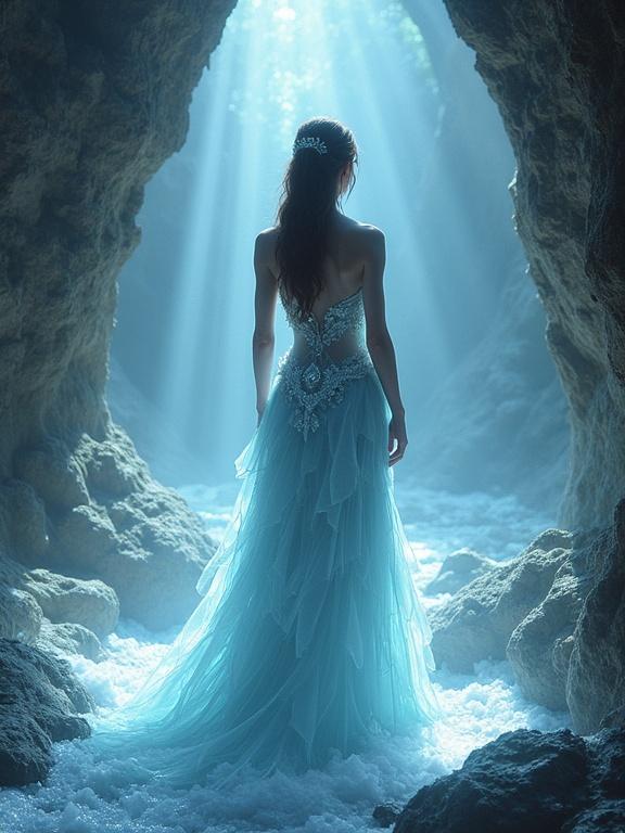 A princess emerges gracefully from a crystal cave. Light shards reflect off her gown. Ethereal ambiance surrounds her.