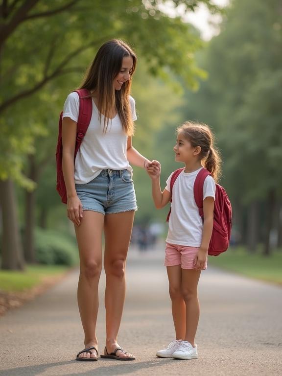Mother and daughter walking together outdoors. Both have backpacks. The scene shows a warm interaction. It’s a beautiful day. They are engaged in a sweet moment. Mother wears casual clothing. Daughter is smiling. The background shows trees and a pathway.