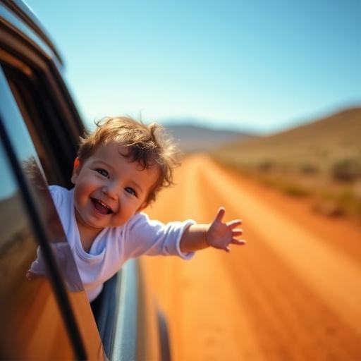 Playful scene with a baby joyfully hanging out of a vehicle window. Vehicle is an SUV on an orange dirt road landscape under a clear blue sky. Baby is wearing a white onesie with arms outstretched. Soft sunlight creates a warm atmosphere. Background shows rolling hills slightly blurred.