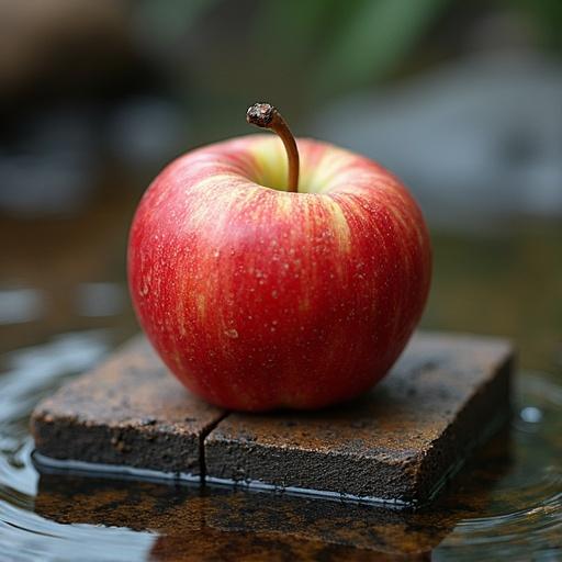 A red apple placed on a small piece of wood sitting on water. The surrounding features include reflections in the water. The apple's surface is glossy with subtle color variations.