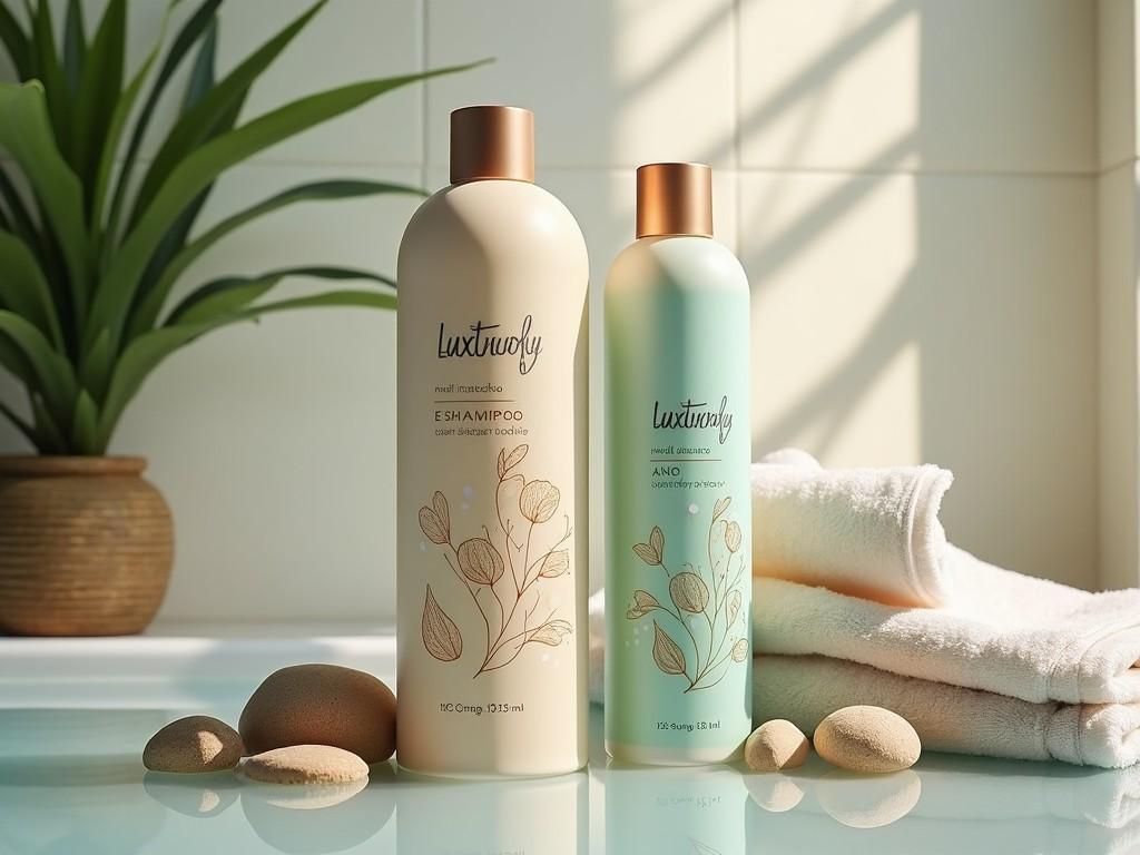 The image showcases a stylish arrangement of two shampoo bottles labeled 'ESHAMPOO' and 'AÑOS,' placed next to smooth stones and a towel. The backdrop includes a soothing green plant, creating a serene and inviting atmosphere. The bottles feature elegant floral designs and a clean aesthetic, emphasizing natural ingredients and a luxurious feel. Soft, natural lighting enhances the colors and textures of the products, making them visually appealing. This setup is ideal for illustrating a high-end beauty product line that caters to both hair and body care needs.