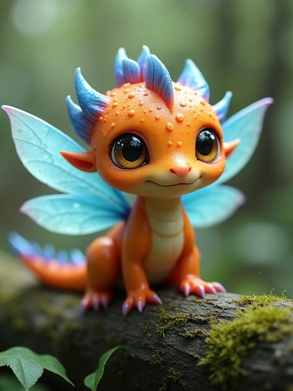 A cute fantastical creature with dragon and fairy features. Small chubby body in orange and blue hues. Spikes on its back in blue and purple. Round head with large dark brown eyes. Translucent light blue wings like dragonflies. Droplets of water on its wings and body. Perched on a moss-covered log in a blurred green environment.
