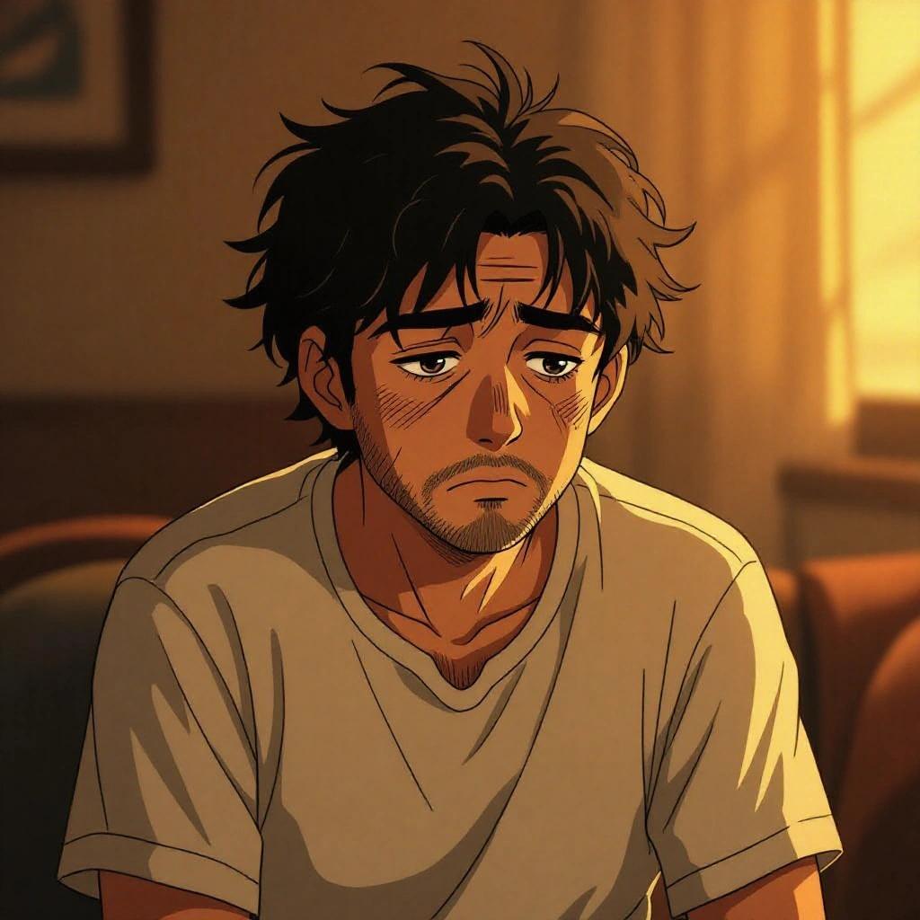 A physically and emotionally exhausted Arabic person sitting alone. Facial features express deep fatigue and sadness. Spiky hair, dark circles under eyes. Scene has warm tones and soft golden lighting. Minimal background showing a quiet room or evening setting. Style resembles Studio Ghibli with rich colors and gentle shading.