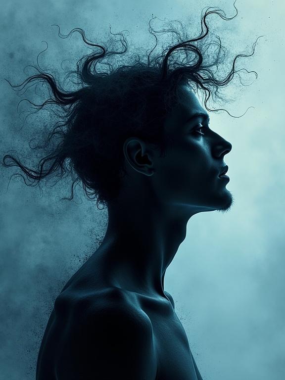 Comic-style human head in profile with dark misty tendrils curling out. Background is foggy indigo. Features bold ink lines and eerie cross-hatching.