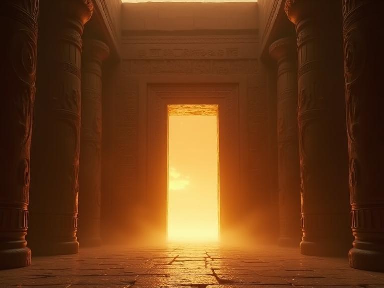 A giant ancient stone temple gate opens. It is massive and features sacred designs. The atmosphere has tension. The scene includes floating dust particles and mist. There are ancient Egyptian faces in suspense. Lighting is flickering from torches, creating dramatic shadows.