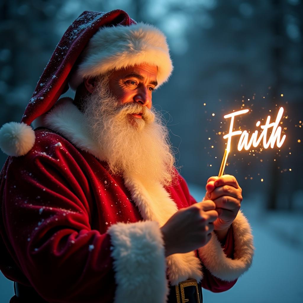 A magical Christmas scene featuring Santa Claus dressed in his traditional red suit, with a fluffy white trim. He is standing in a snowy forest, illuminated by a soft, enchanting glow. In his hand, he holds a glow stick that spells out the word 'Faith' in sparkling letters. The atmosphere is festive and joyful, capturing the essence of the holiday season. Light snowflakes can be seen falling around him, adding to the winter wonderland feel. This image embodies the spirit of Christmas, love, and belief.