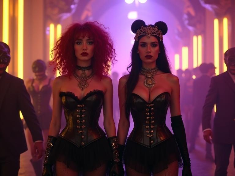 Two confident gothic women walk in a neon-lit nightclub. One has curly red hair; the other has black hair with a gothic headpiece. They wear black leather corsets and lace skirts. Dramatic makeup with red lipstick and gothic chokers. The background features gothic architecture, neon tube lights, fog, and a crowd in steampunk attire. Lighting blends purple, pink, and yellow, casting deep shadows. The camera angle captures them mid-body in a crowded scene.