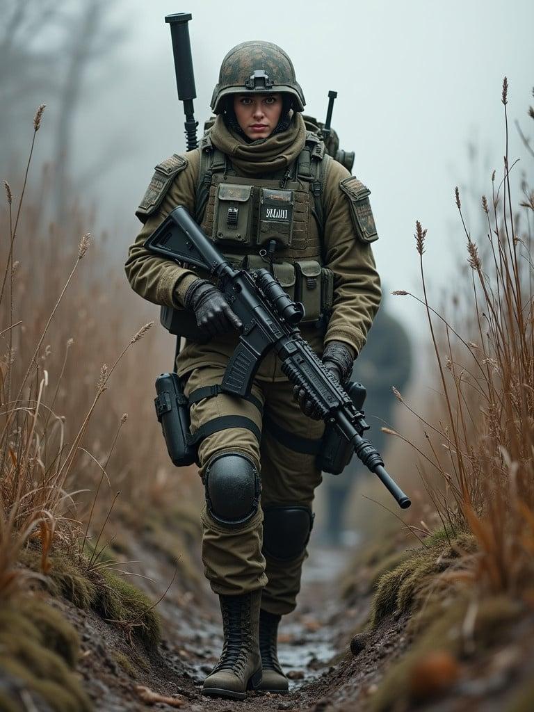 A tall female soldier is equipped with heavy armor and a machine gun. She is positioned in a trench, ready for combat. The background shows a misty and foggy environment.