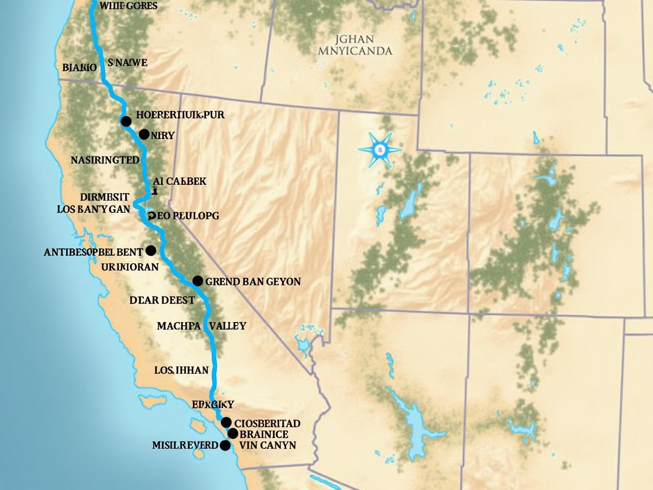 This image is a detailed road map outlining a journey through some of the most stunning landscapes in the southwestern United States. Starting and ending in Las Vegas, the route includes major stops at Zion Park, Bryce Canyon, Antelope Canyon, Horseshoe Bend, and Lake Powell. The journey then continues through Monument Valley and the Grand Canyon before passing through Seligman and back to Las Vegas. The route showcases iconic sites and highlights of Death Valley, Yosemite Park, and major cities like San Francisco, Los Angeles, and San Diego. It's a picturesque road trip that includes breathtaking views of natural beauty and outdoor adventures.