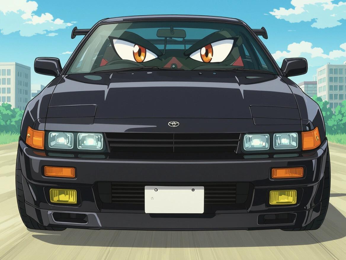 Black Toyota Supra MK3 from the 1980s features anthropomorphic car with human face. Yandere expression is visible in the headlights. Bright sky and buildings in the background.