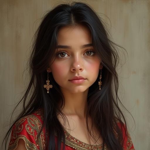 A realistic portrait of a girl with long dark hair and brown eyes wearing traditional Persian attire. The expression is soft with a serene background.