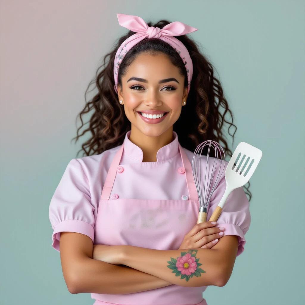 Portrait of a Brazilian female pastry chef in a pastel-themed setting. She has medium-dark skin and long curly hair with a pink headband. Wearing a lavender chef blouse and pink apron. Holding a pink whisk and a white spatula in a confident pose. Flower tattoo visible on her forearm. Studio lighting with clean composition.