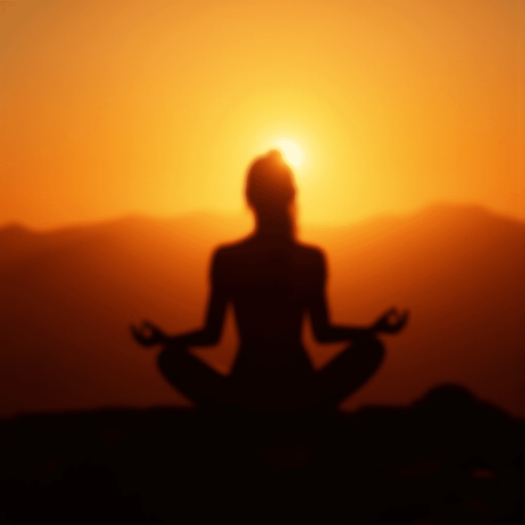 A person meditates in silhouette against a glowing sunset.