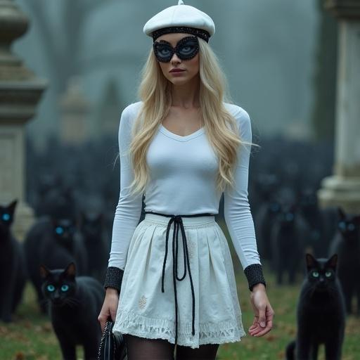 A blue-eyed blonde woman wears a long sleeves white t-shirt with black collar and rims. White coned beret is on her head. She has a Zorro black mask around her eyes. She carries a small black handbag. A white mini-kilt with black ribbons is worn with black tights. She enters a graveyard filled with blue-eyed black cats.