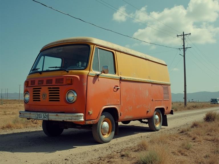 Vintage Volkswagen van on a dirt road under a clear sky. The van is in orange and yellow with soft lighting. Dusty environment with utility poles visible.