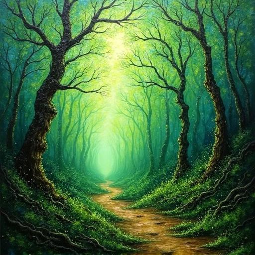 A dense and abstracted woodland scene. Trees with thick trunks and swirling foliage. Deeply textured surfaces with thick acrylic layers and gel medium. Rich greens and earth tones throughout the image. Mysterious and immersive atmosphere.