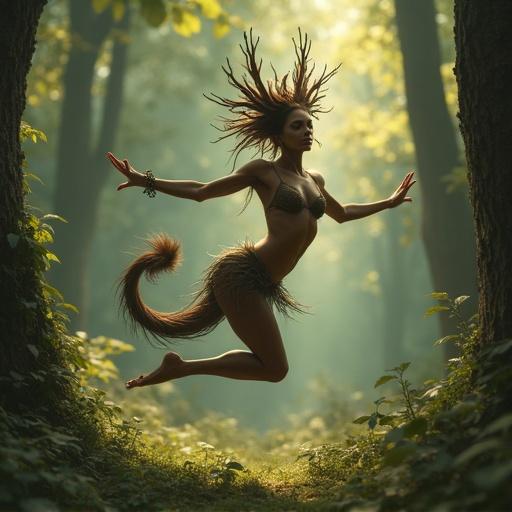 Nymph dancing in the forest with a perfect body detail. The figure has; a lively pose in the air. Surrounded by trees. Soft lighting in the background.