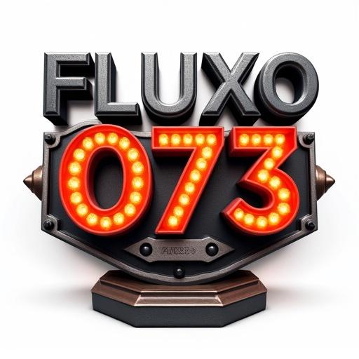 Hyper-realistic 3D badge design features bold extruded text. Large metallic black-silver letters say 'FLUXO'. The '073' is in vibrant red-orange with shine effects. Badge rests on a small train and rail icon. Dark steel base has brushed bronze patterns. 3D elements inspired by Brazilian funk include huge speakers and a DJ platform. Graffiti details and a chain necklace enhance the design. Isolated on solid white background. Ultra-detailed and shaded using 4D/Blender.