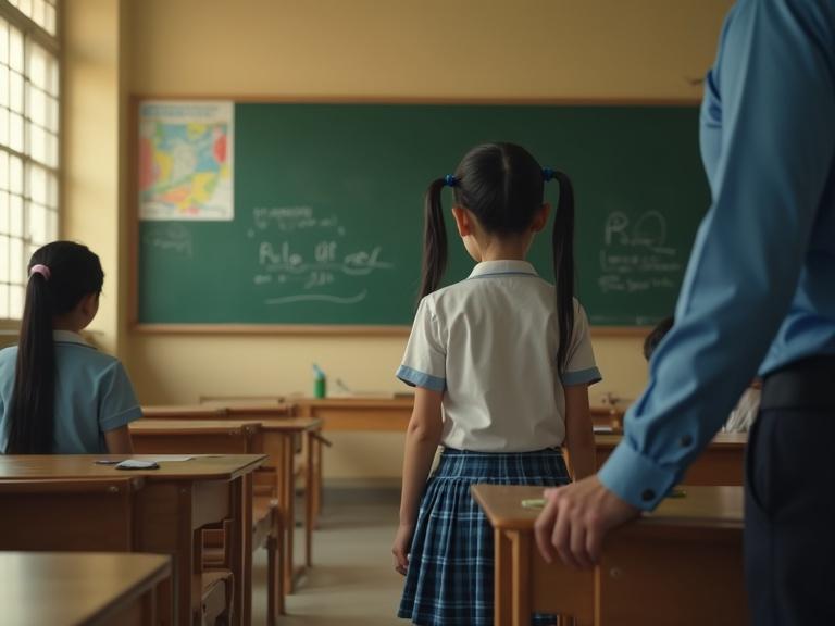 Cinematic realistic dark style classroom scene. Young girl with long black hair in ponytail. White shirt and blue plaid skirt. Stands near a desk. Interacts with authority figure in blue sleeve uniform. Classroom has wooden desks and dark green chalkboard with colorful chalk writings. Warm yellow sunlight from large windows. Light beige walls with educational posters. Other students faintly visible in background. Serious atmosphere.