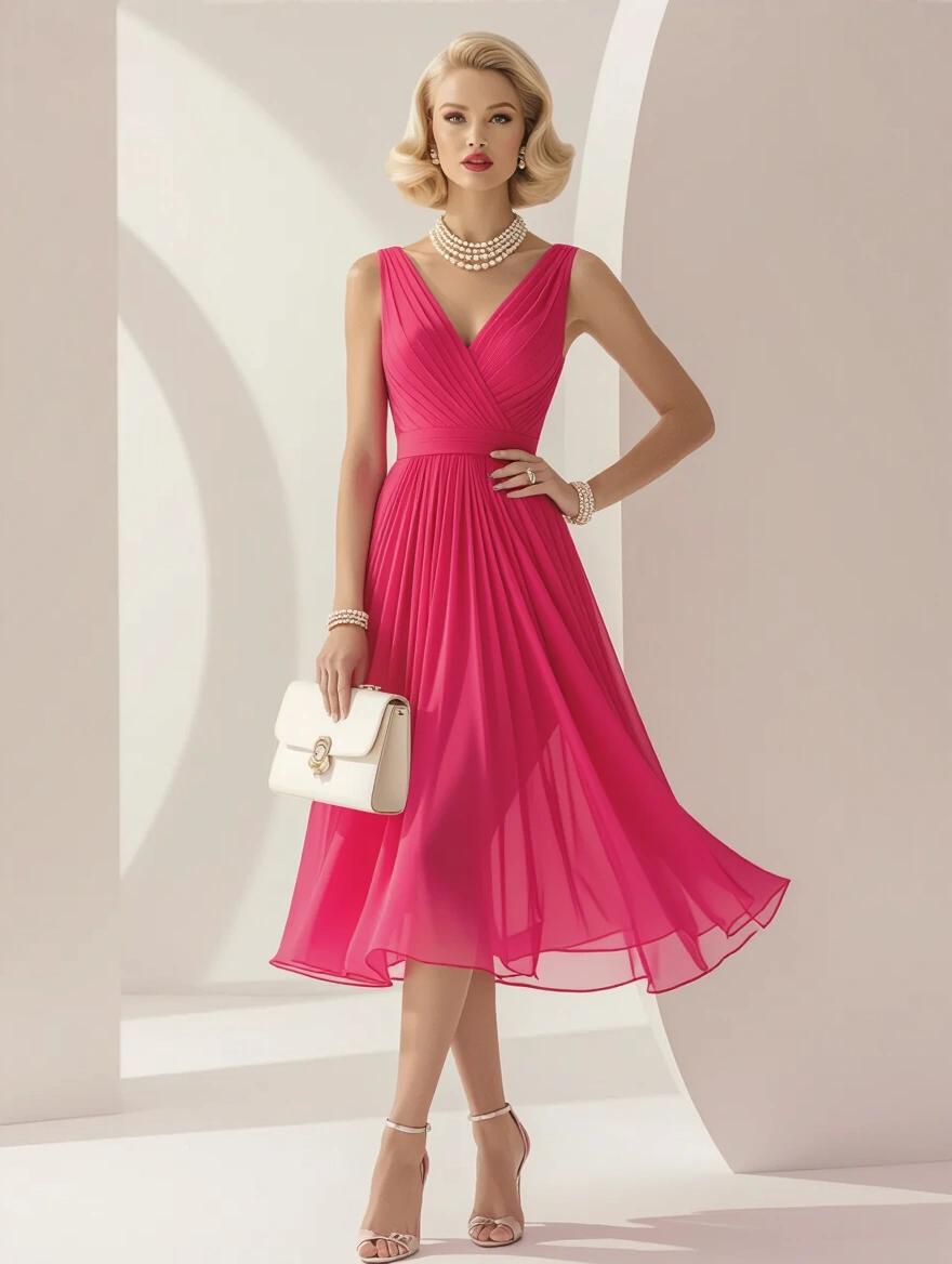 A woman in a vibrant pink chiffon dress stands elegantly. She has a platinum blonde hairstyle with pearl jewelry. High heels accentuate her legs. A white purse is in her hand. Soft boutique lighting enhances the scene. The setting reflects mid-century sophistication and leisure.