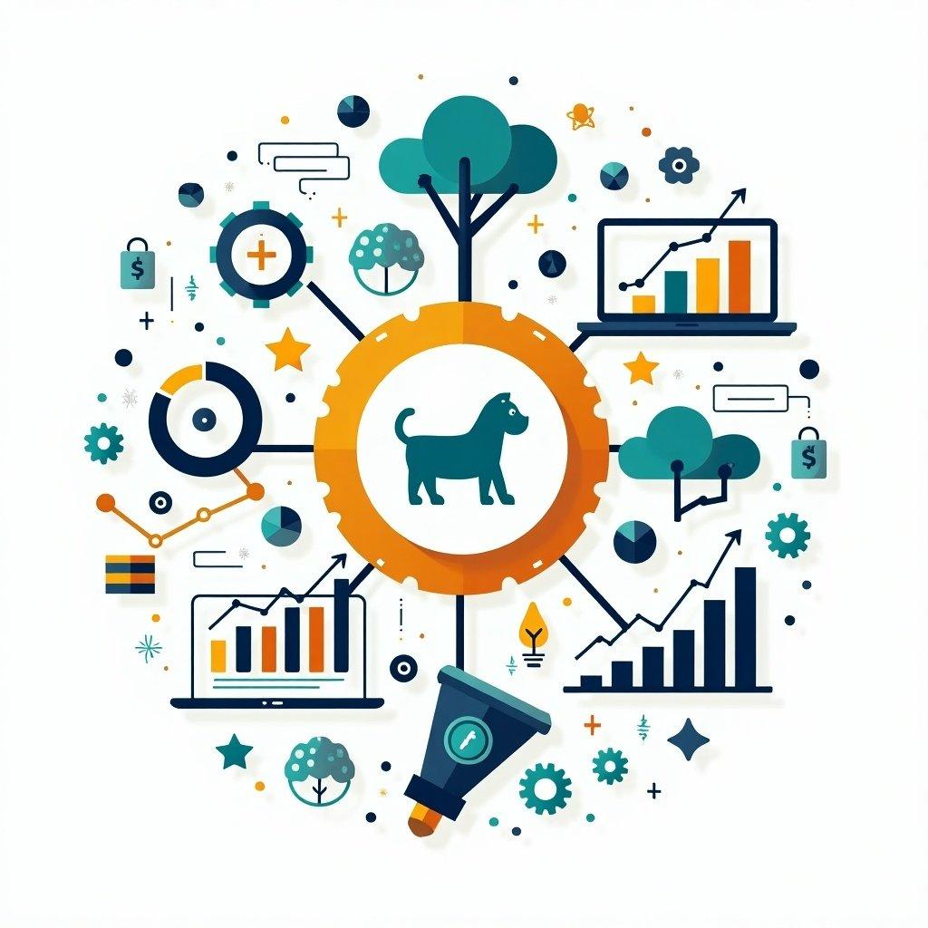 Investments in Healthtech represented through colorful illustrations. Depicts a dog within a gear surrounded by graphs, charts, and icons related to money and trends.