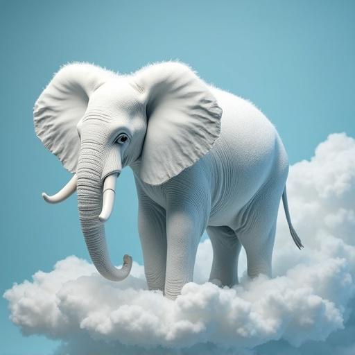 Elephant created from cloud shapes. Pop art style with a light blue background. Dun-colored figure in soft, diffused lighting over fluffy clouds.
