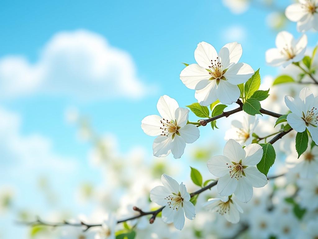 This image features a bright blue sky filled with fluffy white clouds. In the foreground, there are branches covered in beautiful white flowers. The flowers have delicate petals and intricate designs in the center. The leaves surrounding the flowers are a vibrant green, adding to the freshness of the scene. The sunlight is illuminating the flowers, making them appear radiant. This image evokes a feeling of springtime and renewal.