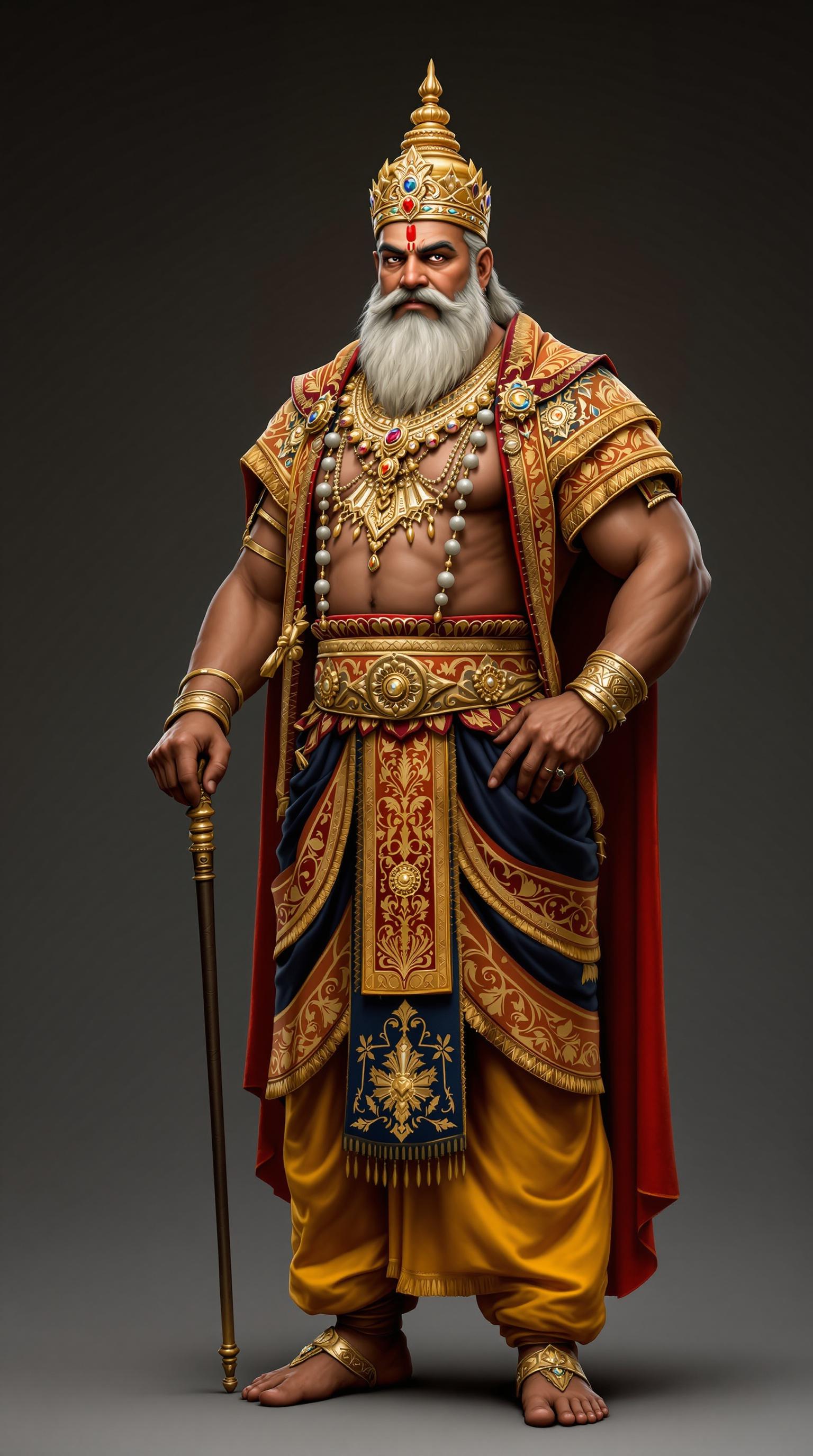 This image depicts a middle-aged Indian king exuding authority and grandeur. He has a robust build and is dressed in opulent royal garments intricately embroidered with golden detailing. His ensemble features rich colors, including deep red and royal blue, complemented by a traditional yellow undergarment. The king wears a magnificent, gem-encrusted crown atop his head and holds a regal staff, symbolizing his power. His confident pose and expression reflect his royal status, making him an iconic representation of Indian heritage.