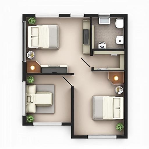 Visual representation of a two bedroom apartment floor plan with bathroom and living area. Layout includes furniture placement and separate rooms.