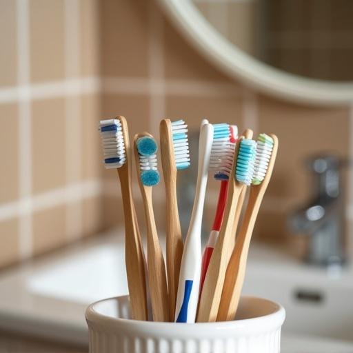 Several toothbrushes arranged in a clean, modern bathroom setting with brown and white tiles