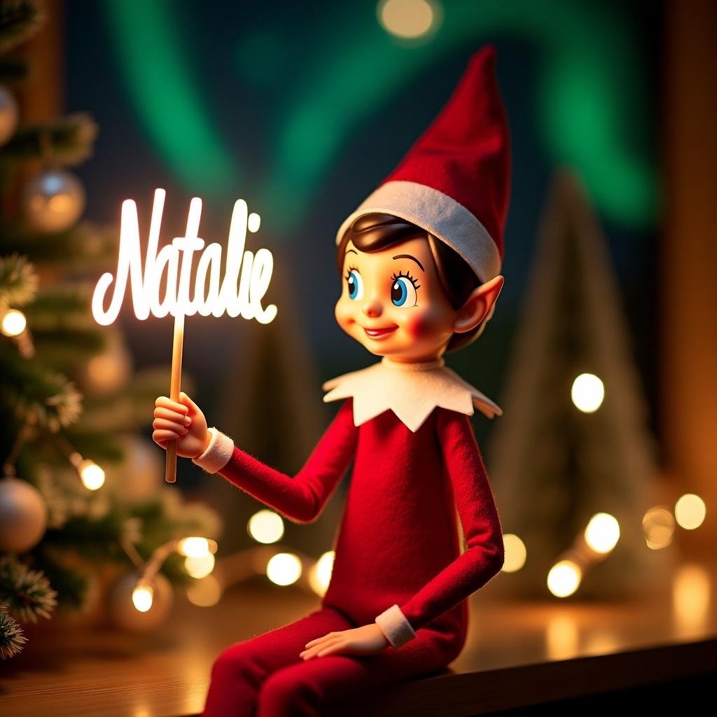 Elf character in holiday clothes. Elf holds glowing sign with name Natalie. Background includes northern lights. Scene looks festive and cheerful.