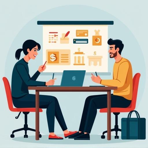 Two professionals discussing a business project. One is a man and the other is a woman. They are seated at a table with a laptop. Behind them is a presentation board with business-related graphics. Focus on their engagement and professional attire.
