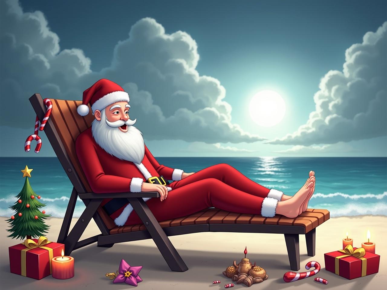 The image depicts a festive scene featuring a character in a red suit and white beard, relaxing on a beach. They are seated in a reclining chair with their feet bare, enjoying the ocean view. Various Christmas-themed decorations are spread around them, including a small Christmas tree, candy canes, and wrapped gifts. Nearby, there are candles lit, providing a warm glow against the backdrop of the beach. The sky above is dramatic with clouds, and the sun shines brightly on the horizon, adding a magical touch to the setting.