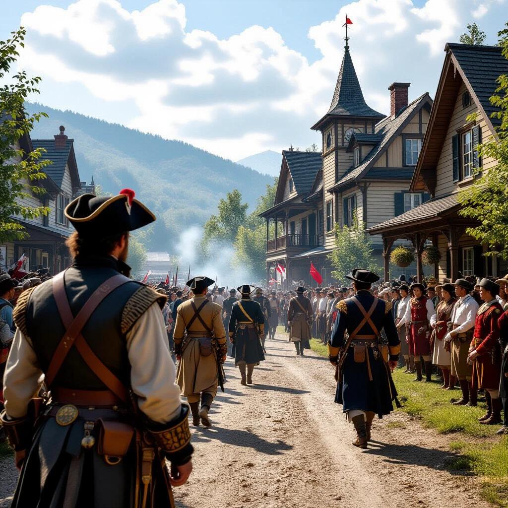 A historical reenactment of a significant event. Actors dressed in 18th-century clothing march down a dusty road. Scenic backdrop of historic buildings on both sides. Soft sunlight enhances the atmosphere. Captured in hyper-realistic detail. Cinematic framing of the scene.