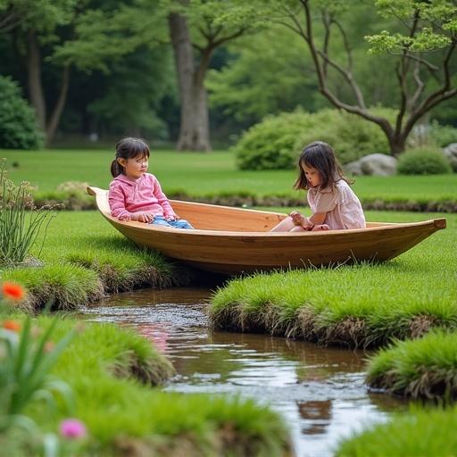 Two kids are sitting inside a wooden boat in a park. Surrounding grass plot and designed creek create an organic feel. Wildflowers add color. Inspired by Japanese landscape styles.