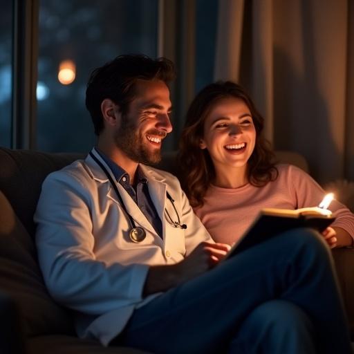 Warm and inviting scene with a doctor and a woman enjoying movie night together. Their expressions show joy and connection over a shared activity. The background suggests a cozy indoor environment with soft lighting.
