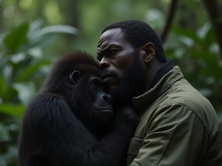 A gorilla rests on a man's chest in a jungle sanctuary. The man, a ranger, holds the gorilla gently while crying. The scene is emotional with cinematic lighting.