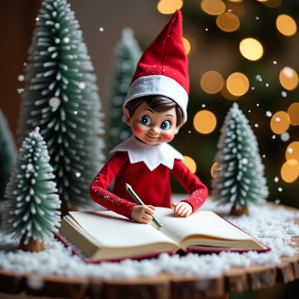 An Elf on the Shelf is portrayed at a small table covered in snow. The elf is focused and cheerful, writing in a large book with a pencil. Surrounding the elf are small evergreen trees dusted with snow, along with sparkling lights that create a magical ambiance. Dressed in a classic red and white outfit, the elf has rosy cheeks that accentuate the festive spirit. Snowflakes are gently falling around, enhancing the wintery scene.