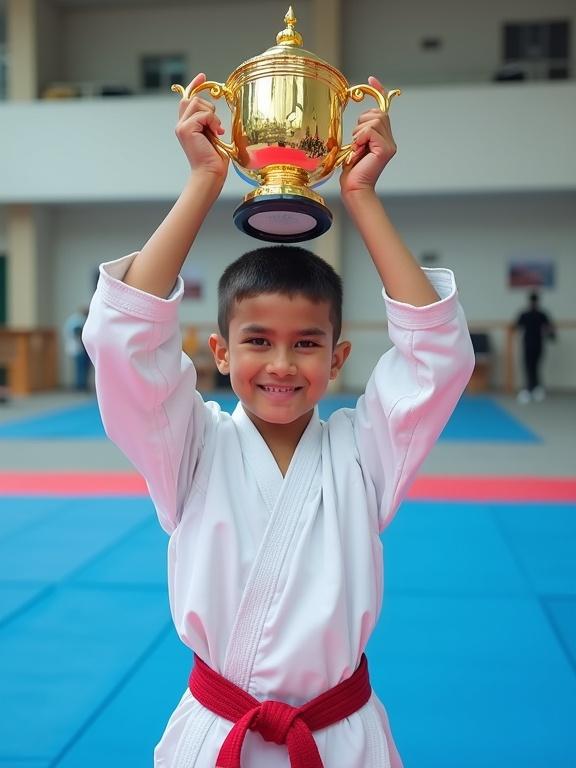 High-quality commercial photo of a young boy in a Taekwondo uniform. He stands on a mat in a sports hall, proudly raising a golden trophy. The boy shows joy and excitement, celebrating his achievement.