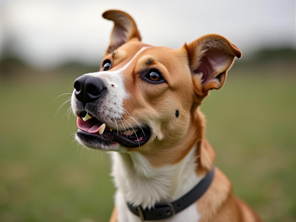 Dog tilts head and looks happily. Dog has a collar. Background is outdoor grass with blurred scenery.