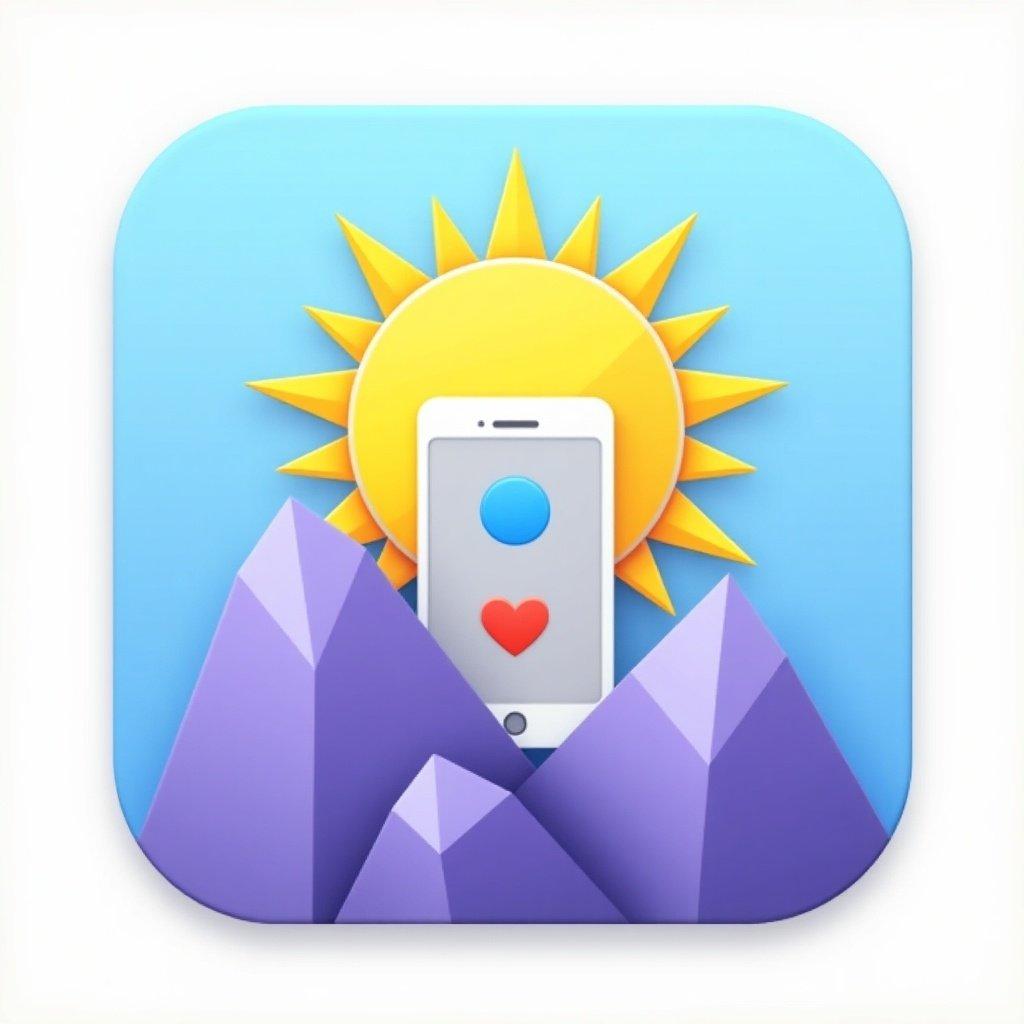 Vibrant app icon with sun over rock formation. Sun is bright yellow with rays. Background is smooth blue gradient. Rocks are purple. Features gray interface window with social media icons, blue circle and red heart. Modern flat design appeals to digital-savvy audience. Light color palette for contemporary web design. Graphic represents meta quest headset with smartphone.