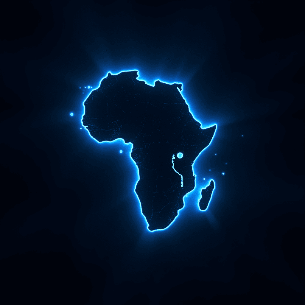 A glowing digital outline of the African continent on a dark backdrop.