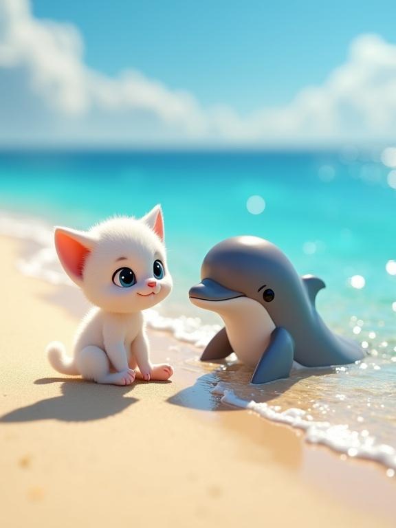 3D render of a tiny humanoid baby kitten with soft white fur. Kitten seated on warm sand at the water's edge. Kitten has large expressive eyes and a happy smile. Beside the kitten is a bottlenose dolphin in shallow water. Dolphin has friendly eyes and a soft smile. Background features a pristine beach and vibrant ocean. Sunlight creates sparkling reflections on water.