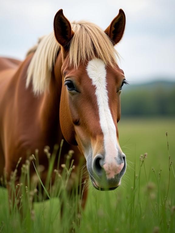 Close-up photograph of a chestnut horse with a white blaze grazing in a lush green field. Horse has a light blonde mane and is slightly tousled. Head is lowered, dark eyes partially closed while eating grass. Background shows a soft, overcast sky suggesting calmness. Grass is lush and green, contrasting with the horse's tones.